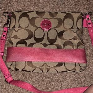Pink and tan cross coach purse